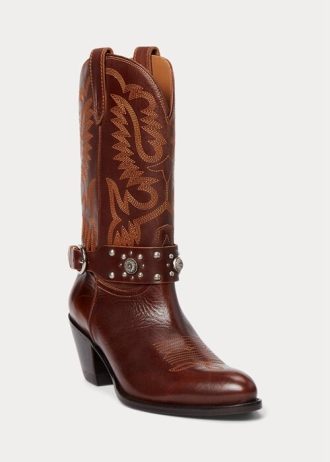 Botas vaqueras marrones de piel de becerro con tachuelas de Ralph Lauren para mujer Botas vaqueras marrones de piel de becerro con tachuelas de Ralph Lauren para mujer