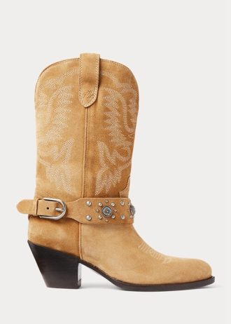 Botas vaqueras Ralph Lauren de ante con tachuelas para mujer, color caqui Botas vaqueras Ralph Lauren de ante con tachuelas para mujer, color caqui