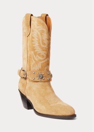 Botas vaqueras Ralph Lauren de ante con tachuelas para mujer, color caqui Botas vaqueras Ralph Lauren de ante con tachuelas para mujer, color caqui