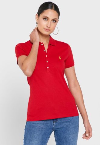 Camisa polo Ralph Lauren roja con detalle de botones para mujer