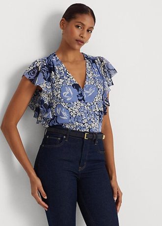 Camisas de georgette arrugadas con estampado floral de Ralph Lauren para mujer en azul Camisas de georgette arrugadas con estampado floral de Ralph Lauren para mujer en azul