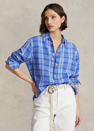 Camisas de lino a cuadros de corte relajado de Ralph Lauren para mujer en azul Camisas de lino a cuadros de corte relajado de Ralph Lauren para mujer en azul