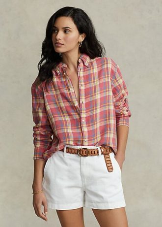 Camisas de lino a cuadros de corte relajado de Ralph Lauren para mujer en color rosa Camisas de lino a cuadros de corte relajado de Ralph Lauren para mujer en color rosa