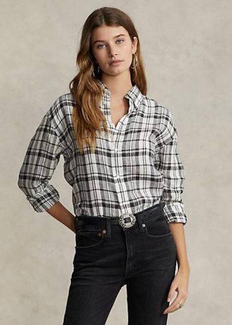 Camisas de lino a cuadros de corte relajado Ralph Lauren para mujer en blanco y negro Camisas de lino a cuadros de corte relajado Ralph Lauren para mujer en blanco y negro
