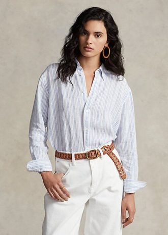 Camisas de lino a rayas de corte relajado de Ralph Lauren para mujer en azul Camisas de lino a rayas de corte relajado de Ralph Lauren para mujer en azul
