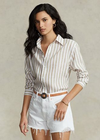 Camisas de lino a rayas de corte relajado Ralph Lauren para mujer en marrón/blanco Camisas de lino a rayas de corte relajado Ralph Lauren para mujer en marrón/blanco