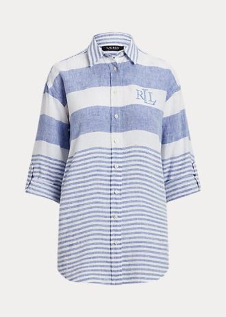 Camisas de lino extragrandes a rayas Ralph Lauren para mujer en azul y blanco