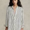 Camisas de satén a rayas extragrandes Ralph Lauren para mujer en color negro/crema