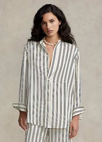 Camisas de satén a rayas extragrandes Ralph Lauren para mujer en color negro/crema