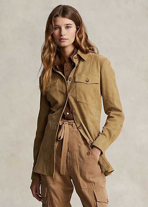 Camisas excedentes de gamuza de cordero Ralph Lauren color caqui para mujer Camisas excedentes de gamuza de cordero Ralph Lauren color caqui para mujer