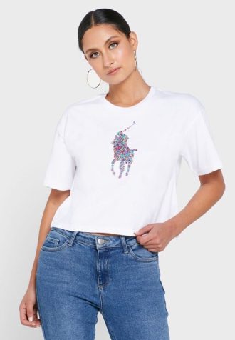 Camisetas blancas con cuello redondo y gráficos de Ralph Lauren para mujer