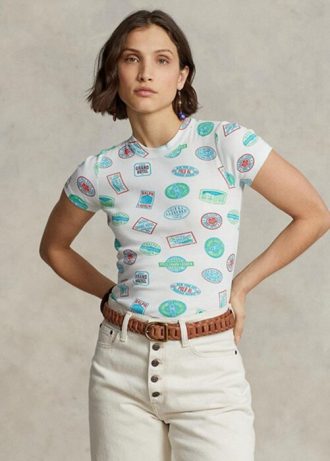 Camisetas blancas de algodón acanalado con motivo de viaje de Ralph Lauren para mujer