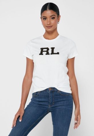 Camisetas blancas de cuello redondo con gráficos de Ralph Lauren para mujer