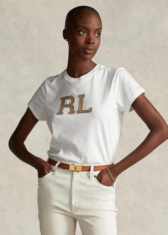 Camisetas blancas de jersey Ralph Lauren RL con apliques de gamuza para mujer