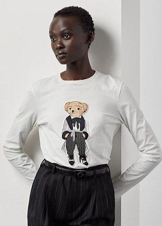 Camisetas blancas de manga larga de algodón Ralph Lauren Cinema Polo Bear para mujer