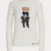 Camisetas blancas de manga larga de algodón Ralph Lauren Cinema Polo Bear para mujer