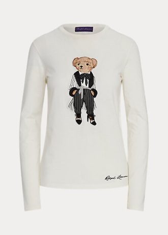 Camisetas blancas de manga larga de algodón Ralph Lauren Cinema Polo Bear para mujer