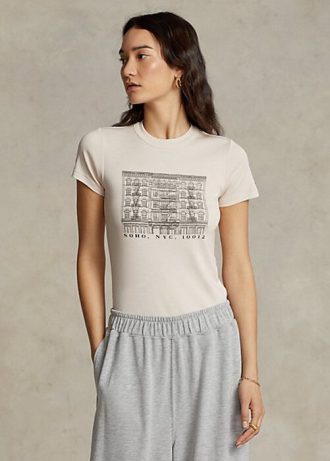 Camisetas de algodón acanaladas con gráficos ajustados de Ralph Lauren para mujer en color rosa