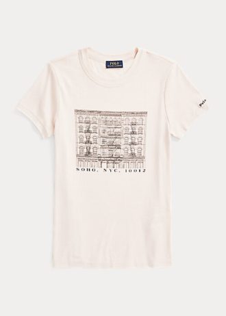 Camisetas de algodón acanaladas con gráficos ajustados de Ralph Lauren para mujer en color rosa