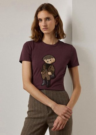Camisetas de algodón con oso de tweed Ralph Lauren en color burdeos para mujer