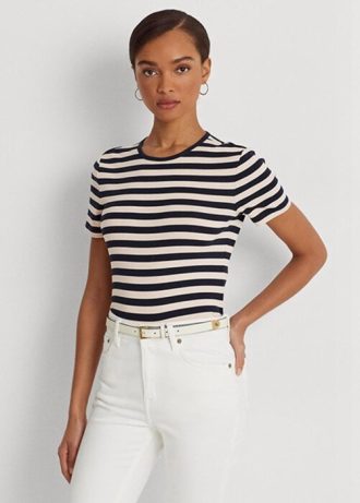 Camisetas de algodón elástico a rayas Ralph Lauren para mujer en color azul marino Camisetas de algodón elástico a rayas Ralph Lauren para mujer en color azul marino