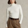 Camisetas de cuello alto acanaladas elásticas Ralph Lauren para mujer en color crema