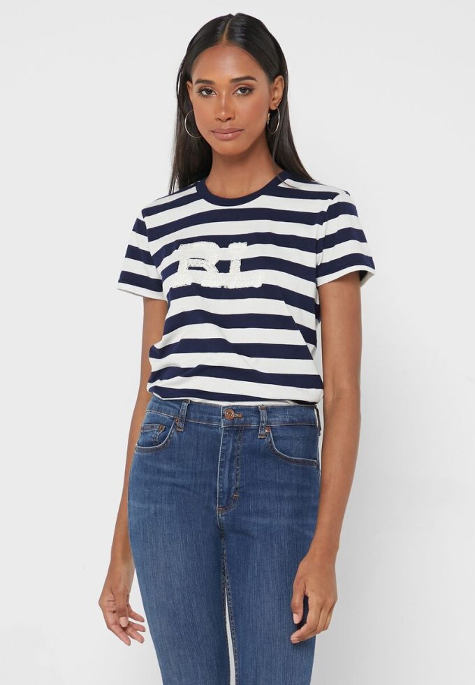 Camisetas de cuello redondo a rayas Ralph Lauren para mujer en azul marino Camisetas de cuello redondo a rayas Ralph Lauren para mujer en azul marino