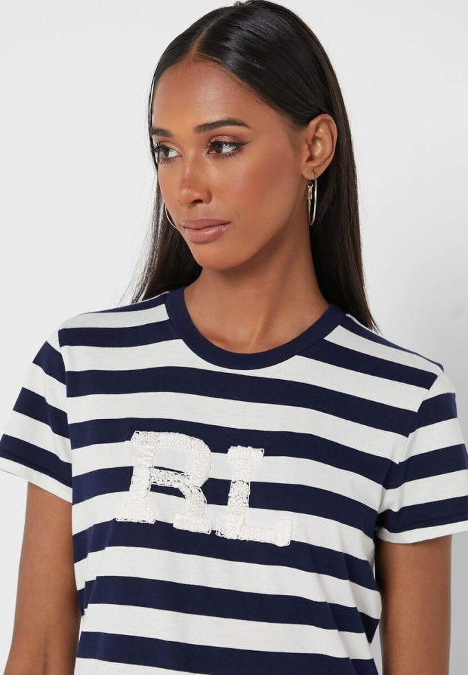 Camisetas de cuello redondo a rayas Ralph Lauren para mujer en azul marino Camisetas de cuello redondo a rayas Ralph Lauren para mujer en azul marino
