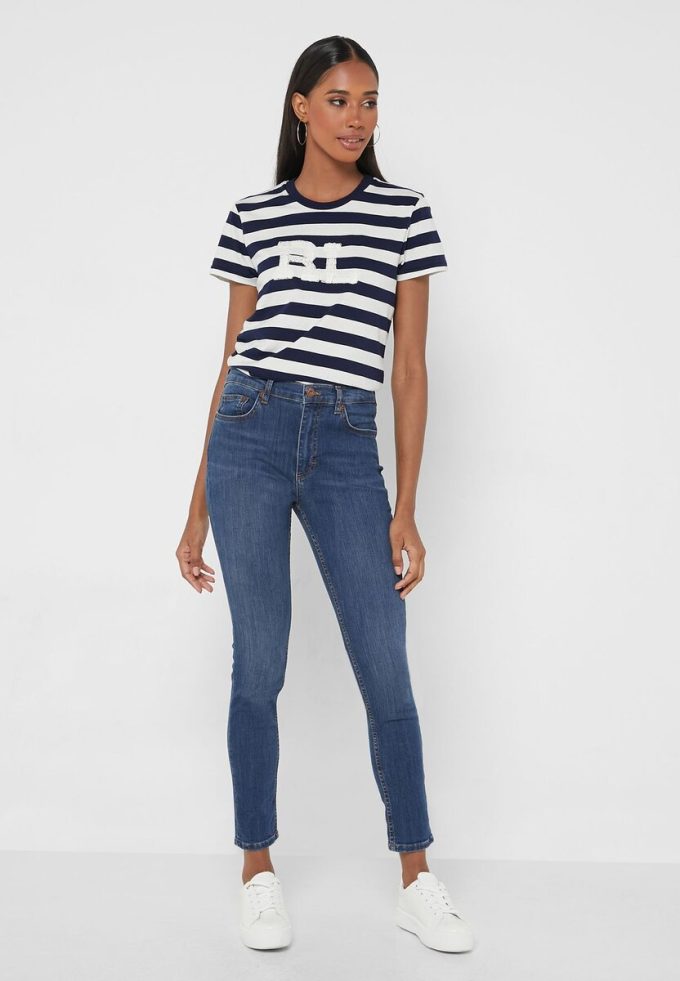 Camisetas de cuello redondo a rayas Ralph Lauren para mujer en azul marino Camisetas de cuello redondo a rayas Ralph Lauren para mujer en azul marino