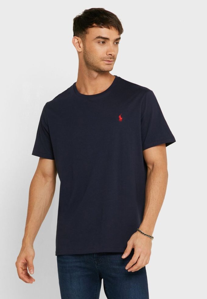 Camisetas de cuello redondo con logotipo bordado de Ralph Lauren para hombre en azul marino