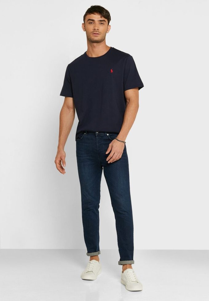 Camisetas de cuello redondo con logotipo bordado de Ralph Lauren para hombre en azul marino