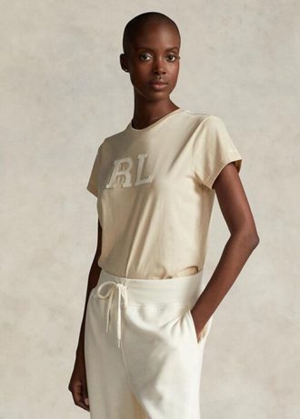 Camisetas de jersey Ralph Lauren RL con apliques de gamuza beige para mujer Camisetas de jersey Ralph Lauren RL con apliques de gamuza beige para mujer