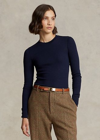 Camisetas de manga larga con ribete de ante acanalado de Ralph Lauren para mujer en azul marino Camisetas de manga larga con ribete de ante acanalado de Ralph Lauren para mujer en azul marino