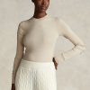 Camisetas de manga larga con ribete de ante acanalado de Ralph Lauren para mujer en color crema