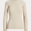 Camisetas de manga larga con ribete de ante acanalado de Ralph Lauren para mujer en color crema