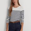 Camisetas de manga larga de algodón a rayas Ralph Lauren para mujer, color blanco/azul marino Camisetas de manga larga de algodón a rayas Ralph Lauren para mujer, color blanco/azul marino