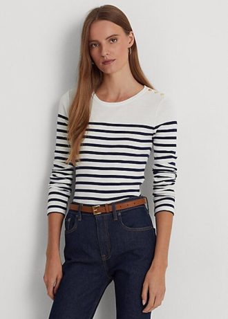 Camisetas de manga larga de algodón a rayas Ralph Lauren para mujer, color blanco/azul marino Camisetas de manga larga de algodón a rayas Ralph Lauren para mujer, color blanco/azul marino