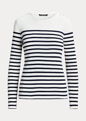 Camisetas de manga larga de algodón a rayas Ralph Lauren para mujer, color blanco/azul marino Camisetas de manga larga de algodón a rayas Ralph Lauren para mujer, color blanco/azul marino
