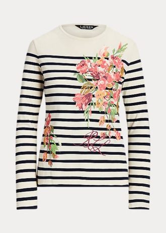 Camisetas de manga larga de jersey con estampado floral y rayas de Ralph Lauren para mujer, color crema/azul marino Camisetas de manga larga de jersey con estampado floral y rayas de Ralph Lauren para mujer, color crema/azul marino