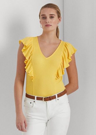Camisetas de punto acanalado con volantes de Ralph Lauren para mujer en amarillo Camisetas de punto acanalado con volantes de Ralph Lauren para mujer en amarillo