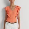Camisetas de punto acanalado con volantes de Ralph Lauren para mujer en color naranja Camisetas de punto acanalado con volantes de Ralph Lauren para mujer en color naranja