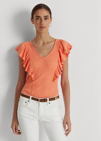 Camisetas de punto acanalado con volantes de Ralph Lauren para mujer en color naranja