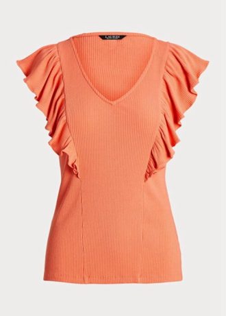 Camisetas de punto acanalado con volantes de Ralph Lauren para mujer en color naranja