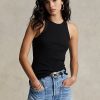 Camisetas de tirantes de algodón acanalado Ralph Lauren para mujer, color negro