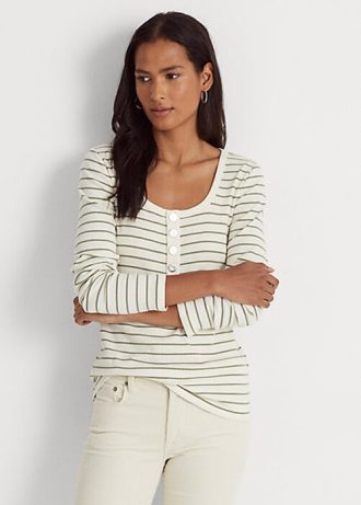 Camisetas Henley de mezcla de algodón a rayas Ralph Lauren para mujer en color crema