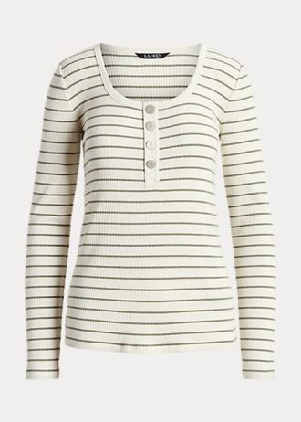 Camisetas Henley de mezcla de algodón a rayas Ralph Lauren para mujer en color crema