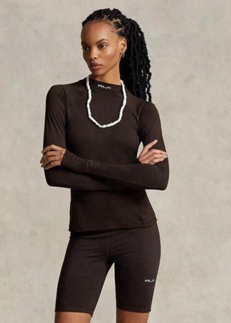 Camisetas marrones de manga larga con cuello alto y logotipo de Ralph Lauren para mujer