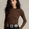 Camisetas marrones de manga larga con ribete de ante acanalado de Ralph Lauren para mujer