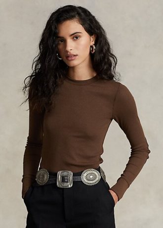 Camisetas marrones de manga larga con ribete de ante acanalado de Ralph Lauren para mujer