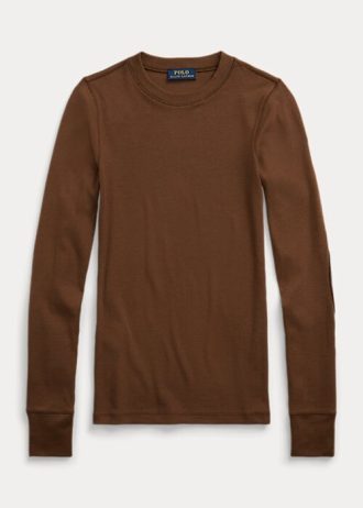 Camisetas marrones de manga larga con ribete de ante acanalado de Ralph Lauren para mujer